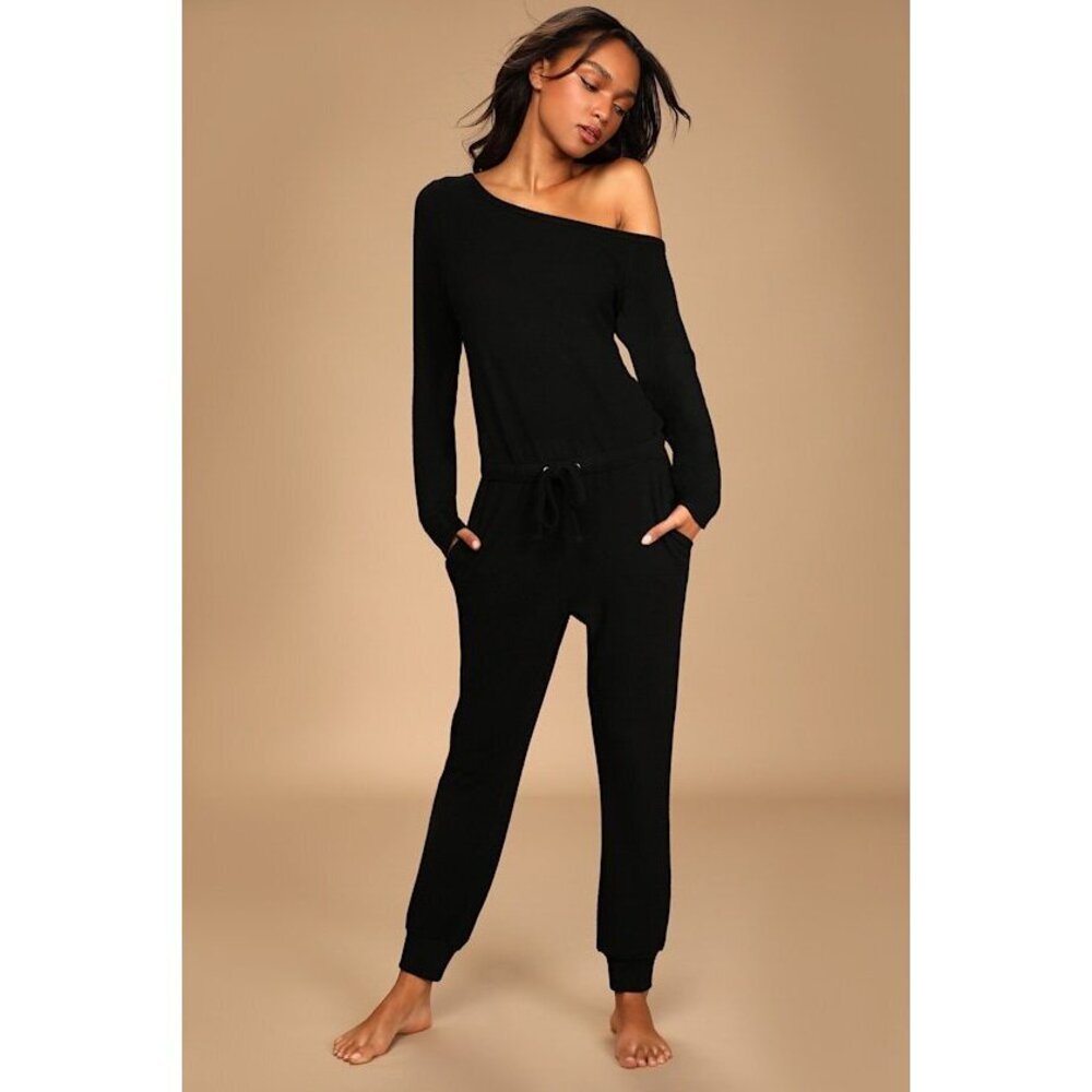 Lulus Relaxing Weekend Black Long Sleeve Lounge Jumpsuit - Size XS